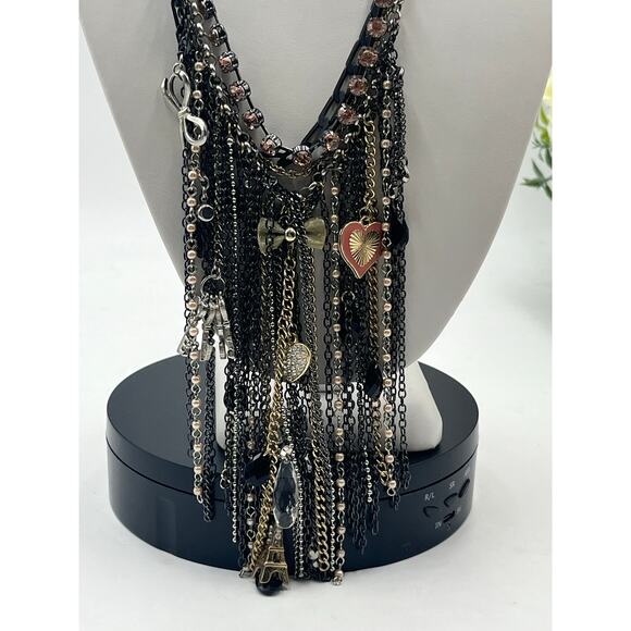 Black and Silver Rhinestone Bib Dangling Chain Charms Fringe Statement Necklace - Picture 2 of 9
